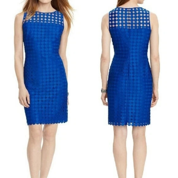 Lauren Ralph Lauren Eyelet Polka Dot Lace Royal Blue Sheath‎ Dress 14 - Picture 1 of 8